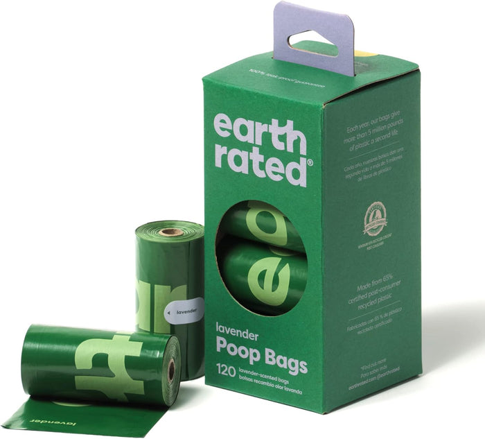 Earth Rated lavender scented poo bags, two packs supplying 240 bags on 16 refill rolls