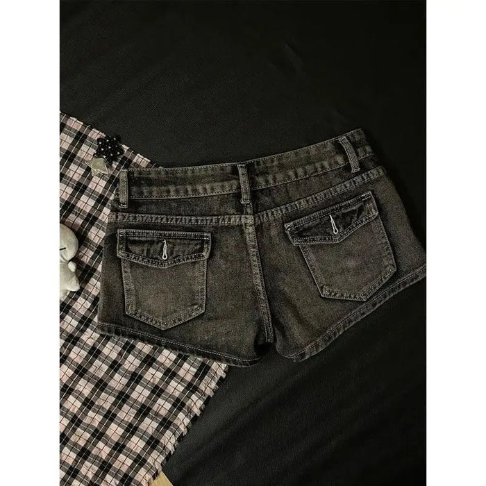 2026 Summer New Cute Hot Diamond Denim Low Waist Super Shorts Female Slim Black Gray Tight Y2k Shorts Hot Pants - Chrissy's Eye