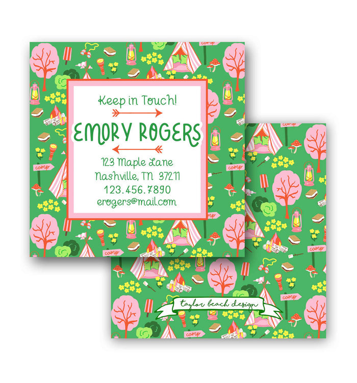Adventure Camp Personalized 3.5" Square Calling Cards, Green