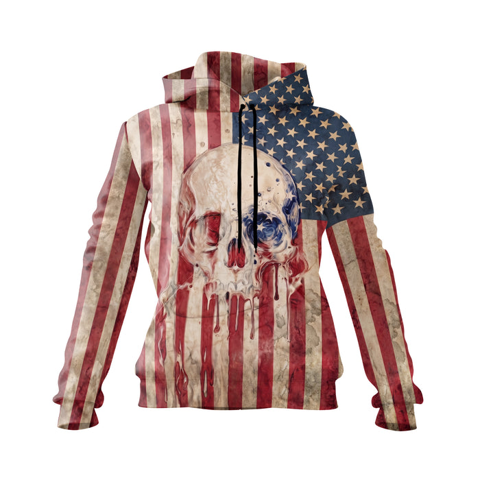 American Flag Skull Women's Fleece Hoodie Patriotic Graphic Sweatshirt