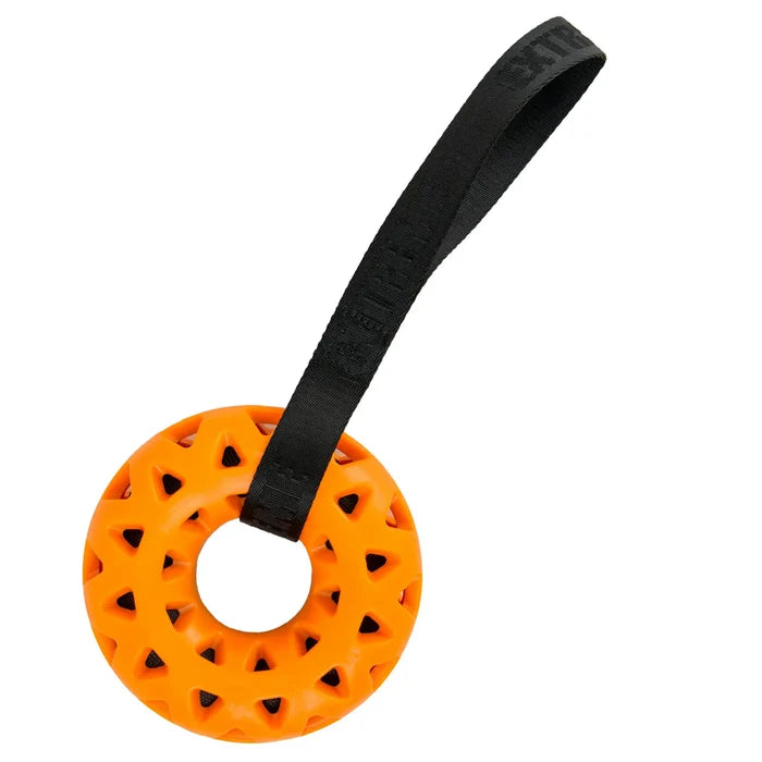 Ancol Tough floating donut dog toy, 33cm ring with webbing strap for tug and water retrieves