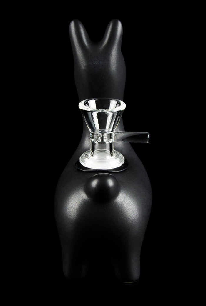 Rear view of the matte black Art of Smoke Alpaca Bubbler showing its rounded tail and clear glass bowl against a black background