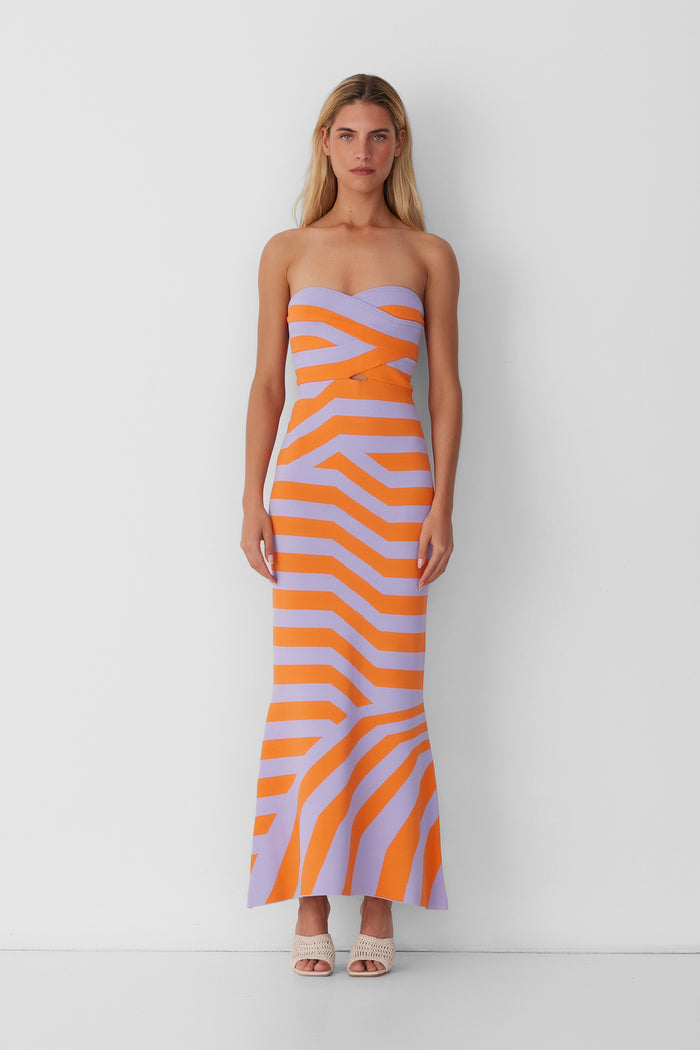 Women‚Äôs strapless Maxi Lilac Aude Dress with two-tone knit in Orange and Purple fitted silhouette gold back zip and flared hemline.