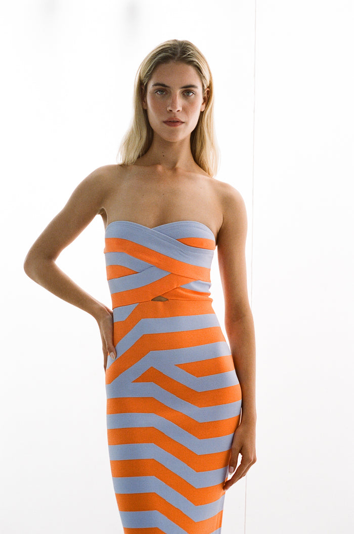 Women‚Äôs strapless Maxi Lilac Aude Dress with two-tone knit in Orange and Purple fitted silhouette gold back zip and flared hemline.