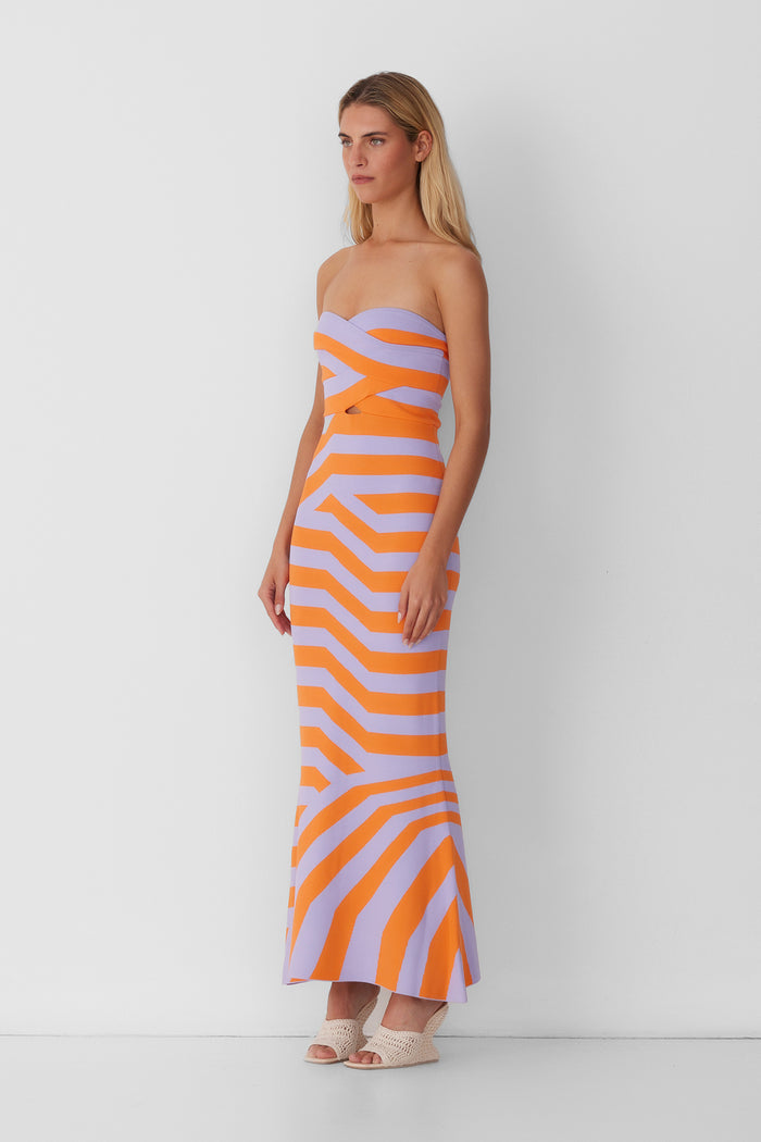 Women‚Äôs strapless Maxi Lilac Aude Dress with two-tone knit in Orange and Purple fitted silhouette gold back zip and flared hemline.