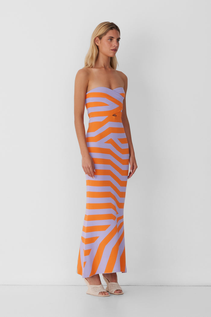 Women‚Äôs strapless Maxi Lilac Aude Dress with two-tone knit in Orange and Purple fitted silhouette gold back zip and flared hemline.