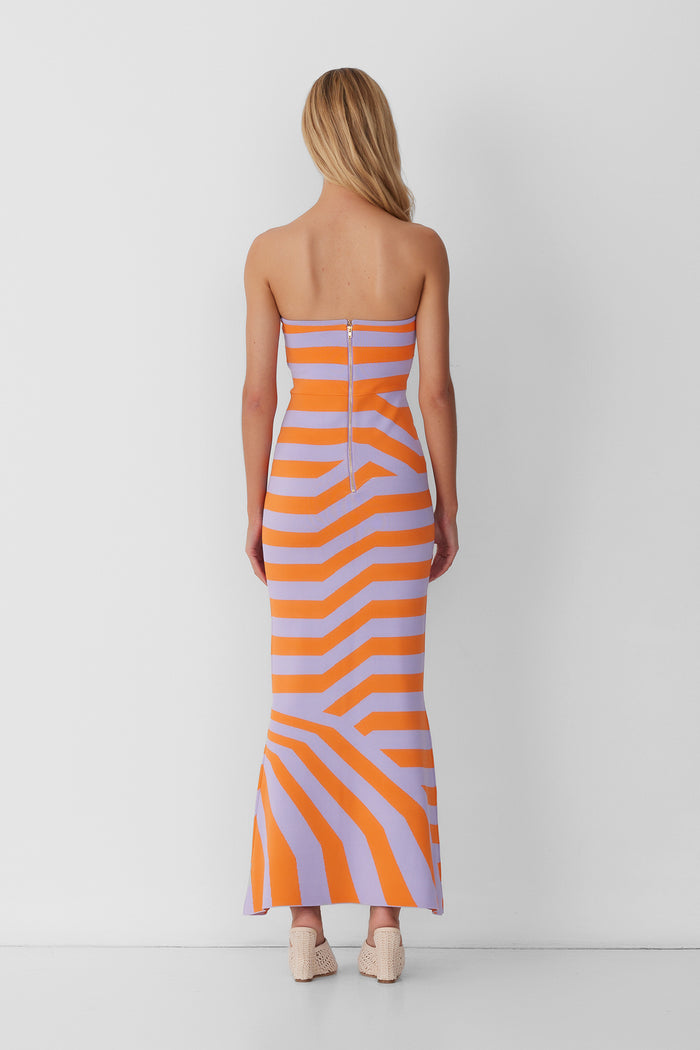 Women‚Äôs strapless Maxi Lilac Aude Dress with two-tone knit in Orange and Purple fitted silhouette gold back zip and flared hemline.