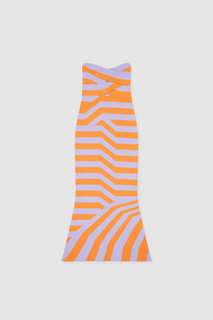 Women‚Äôs strapless Maxi Lilac Aude Dress with two-tone knit in Orange and Purple fitted silhouette gold back zip and flared hemline.