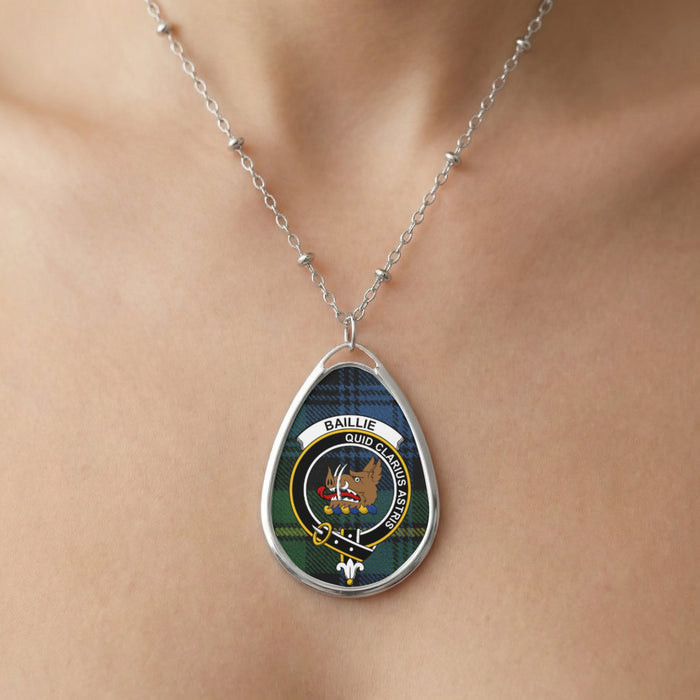 Close-up of Baillie clan tartan pendant necklace with crest design