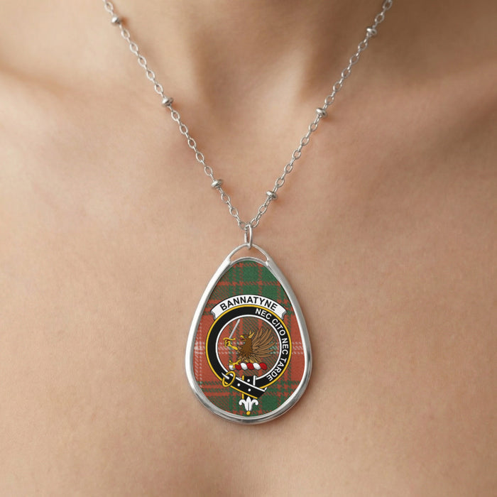 Close-up of Bannatyne clan tartan pendant necklace with crest design