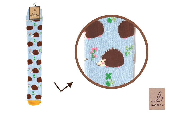 Bartleby ladies funky welly sock in the Hedgehog design, UK size 4–7