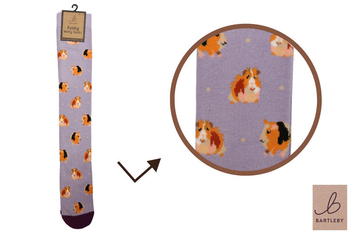 Bartleby ladies funky welly sock in the Guinea Pig design, listed UK size 4–8