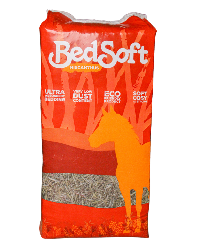 Bedsoft Miscanthus 16kg bale of chopped miscanthus horse bedding in printed packaging