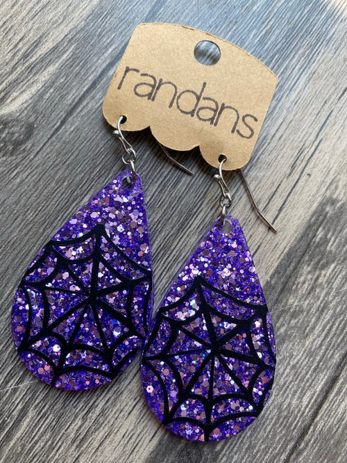 "Beetle-Juice” Purple Spiderweb Glitter Handcrafted Resin Earrings - twistedbuffaloboutique