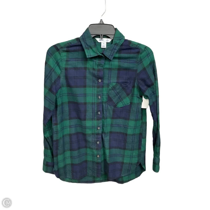 Blouse Long Sleeve By Old Navy In Plaid Pattern, Size: Xs