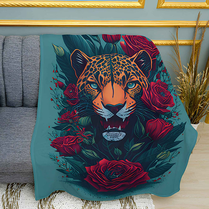 Botanical Tiger & Tropical Floral Print Plush Fleece Throw Blanket