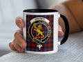 Brown clan tartan crest mug with black handle and rim — 11oz ceramic