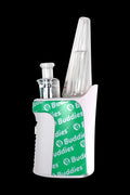 Close-up front view of the Buddies Toro E-Rig showing its white body with green Buddies branding and two clear glass attachments against a black background.