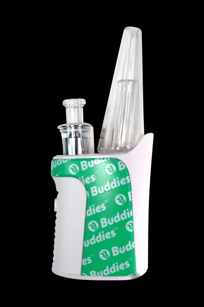 Close-up front view of the Buddies Toro E-Rig showing its white body with green Buddies branding and two clear glass attachments against a black background.