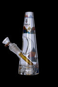Clear glass water pipe with colorful patterned accents and a detachable mouthpiece, studio shot on a black background.
