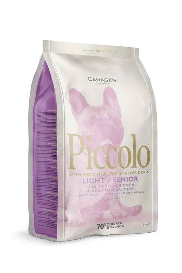 Canagan Piccolo Light/Senior dry dog food for small breeds, front of the 1.5kg bag