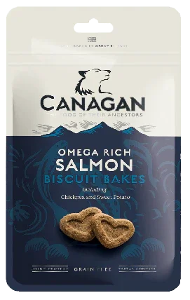Canagan Salmon Biscuit Bakes grain-free dog treats, front of the 150g bag