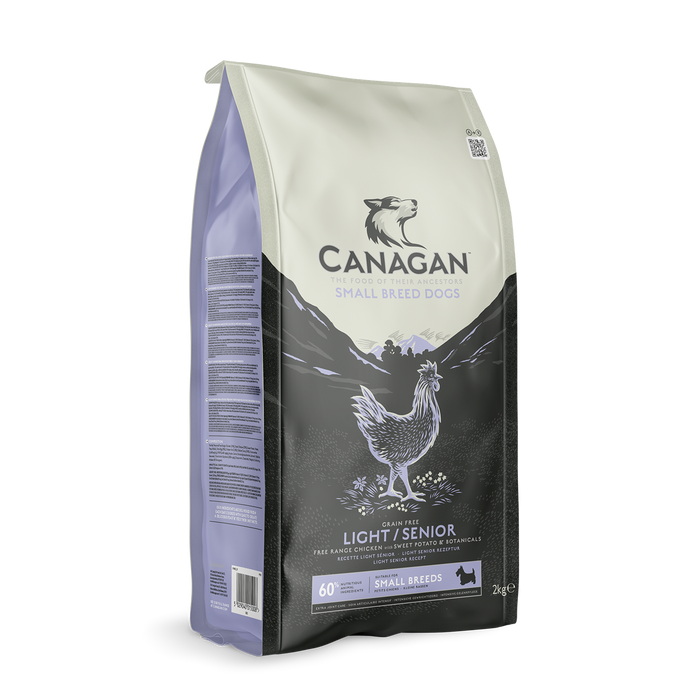 Canagan Small Breed Light/Senior grain-free dry dog food in its standing bag, photographed against white