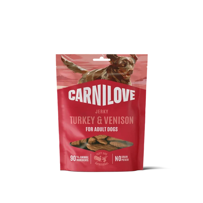 Carnilove Turkey and Rabbit jerky dog treats 100g, front of the resealable pack