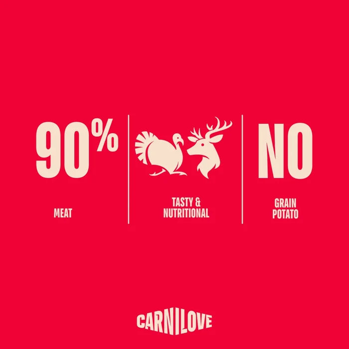 Carnilove turkey and rabbit jerky pack detail listing the 90% meat content