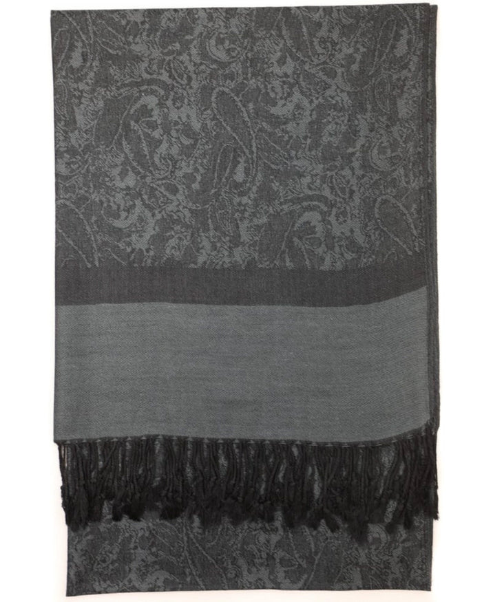 A charcoal gray pashmina with an all paisley pattern, draped around a virtual mannequin with fringes visible on the sides.