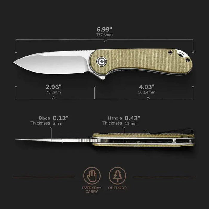 CIVIVI Knives Elementum Knife 2.96" D2 Satin Blade, Dark Green Micarta - NORTH RIVER OUTDOORS