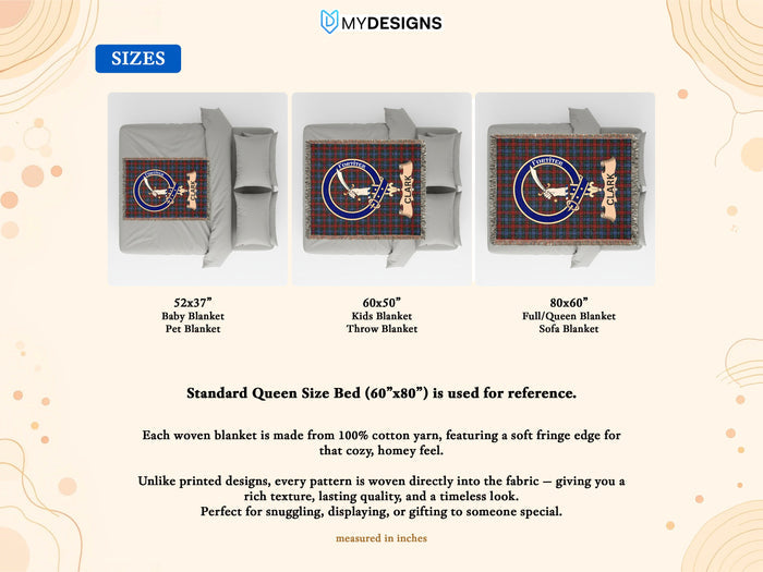 Clark clan tartan woven blankets in three sizes shown on beds