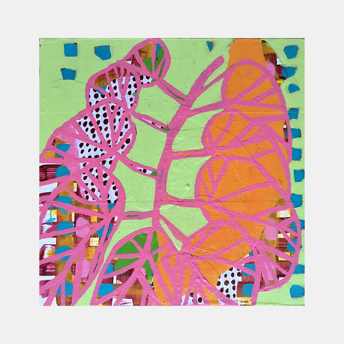 Composition No. 40 by Raul Ortiz features vibrant abstract botanical forms with pink organic branches spreading across a lime green background. White dotted patterns contrast with orange segments, while blue square accents frame the edges. Created with acrylic on gridded paper, this 10x10 inch artwork combines geometric and organic elements.