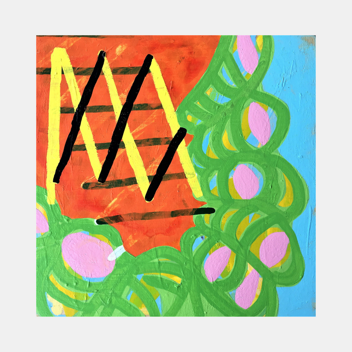 Composition No. 46 by Raul Ortiz features bold geometric patterns with vibrant orange background intersected by black diagonal lines, contrasting with curving green organic forms dotted with pink circles. The abstract composition on 10x10 acrylic panel combines sharp angular elements with flowing shapes against a bright blue accent, creating dynamic visual tension.