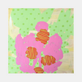 The artwork 'Composition No. 64' by Raul Ortiz features a bold pink abstract flower form with striped orange and red circular centers against a mint green polka-dotted background. Created with acrylic on linen, this 12x12 inch piece combines playful geometric patterns with organic shapes in a modern minimalist style.