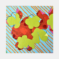 The artwork 'Composition No. 65' by Raul Ortiz features vibrant lime-green organic shapes resembling leaves or flora against a bold red background, with diagonal copper-toned stripes crossing a light blue backdrop. The 12x12 inch acrylic on linen painting combines playful abstract forms with a dynamic geometric pattern, creating a modern botanical aesthetic.