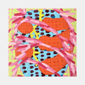 Composition No. 86 by Raul Ortiz features vibrant abstract patterns with curved pink brushstrokes intersecting orange circular forms against a lime green background. Light blue segments with dark spotted details create a rhythmic composition. The acrylic painting on cradled panel showcases a dynamic interplay of colors and organic shapes.