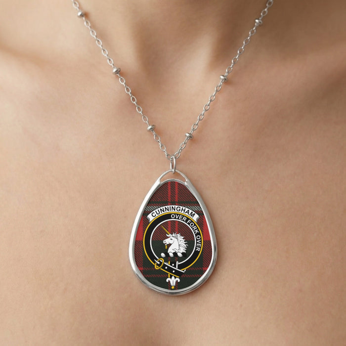 Close-up of Cunningham clan tartan pendant necklace with crest design