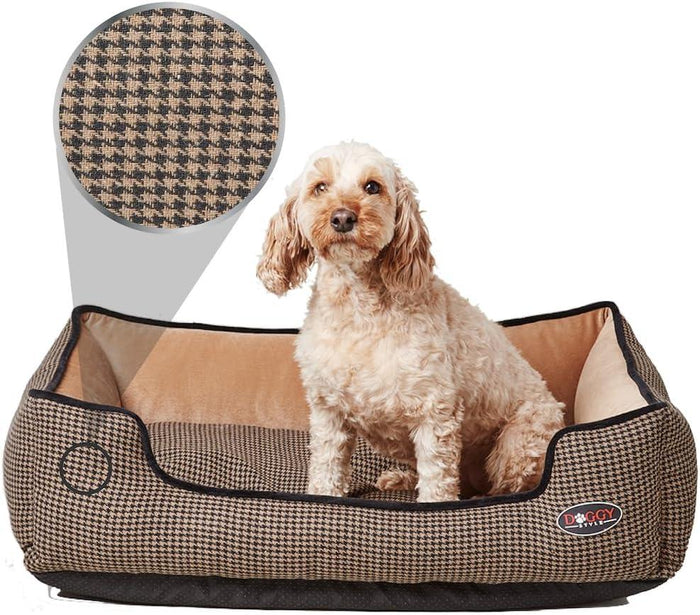 Doggy Style Snuggler bolstered dog bed in tan houndstooth cloth with velvet piping around a raised rim