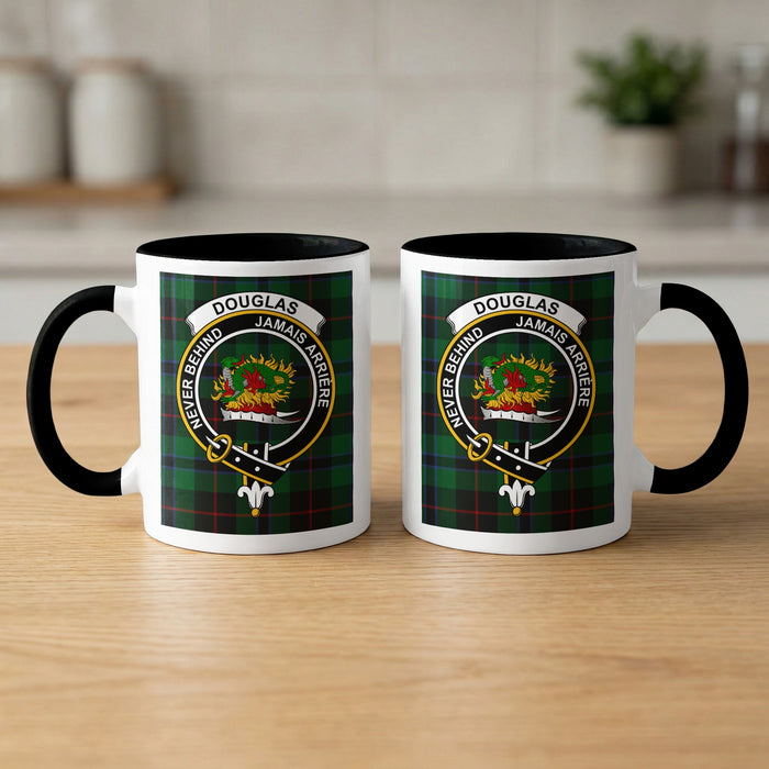 Douglas design on a tartan background mugs front and back — black accents, crest design