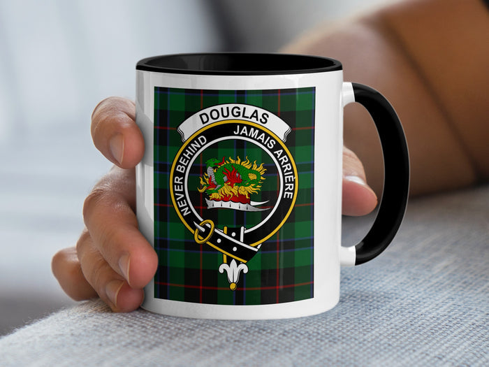 Douglas crest design on a tartan background mug with black interior and handle — 11oz ceramic