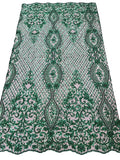Elegant Damask Beaded Fabric - Hunter Green - Embroidered Floral Damask Net Fabric Sold By Yard