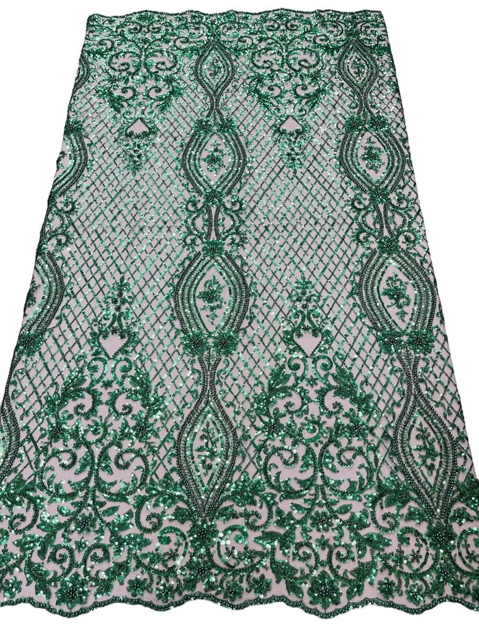 Elegant Damask Beaded Fabric - Hunter Green - Embroidered Floral Damask Net Fabric Sold By Yard