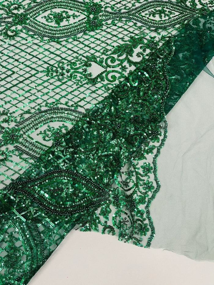 Elegant Damask Beaded Fabric - Hunter Green - Embroidered Floral Damask Net Fabric Sold By Yard