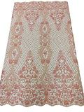 Elegant Damask Beaded Fabric - Pink - Embroidered Floral Damask Net Fabric Sold By Yard