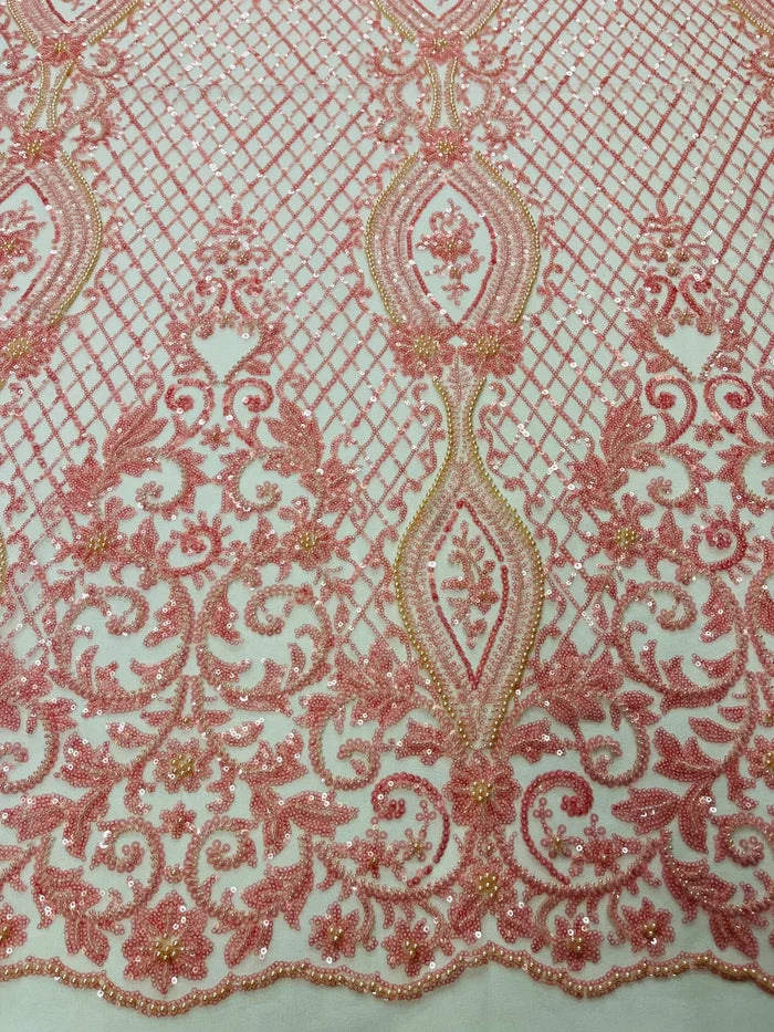 Elegant Damask Beaded Fabric - Pink - Embroidered Floral Damask Net Fabric Sold By Yard