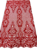 Elegant Damask Beaded Fabric - Red - Embroidered Floral Damask Net Fabric Sold By Yard