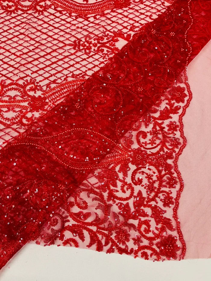 Elegant Damask Beaded Fabric - Red - Embroidered Floral Damask Net Fabric Sold By Yard