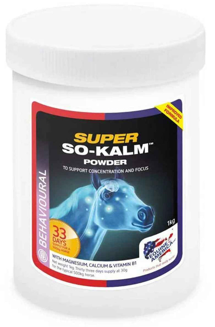Equine America Super So-Kalm Powder 1kg tub, calming supplement for horses in labelled container