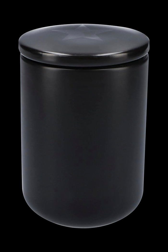Black cannabis storage jar with airtight lid.